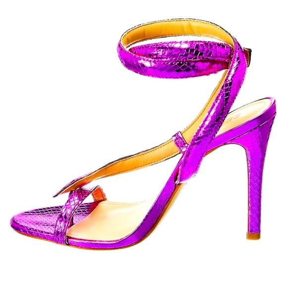 SCHUTZ Courtney High Couro Roxo Metallic Violet Embossed Sandals Shoes 7B - Picture 2 of 15